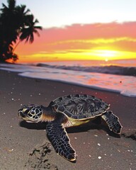 Obraz premium Baby Sea Turtle on Sunset Beach, Nature Conservation Effort