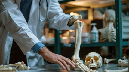 doctor moving the joints of a skeleton in an office - obrazy, fototapety, plakaty