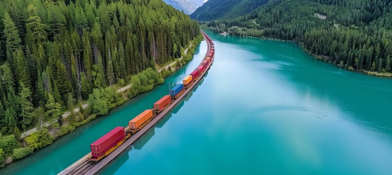 Freight train carrying sea containers moving through lush forest along railway tracks