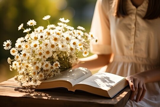 book sunny day, chamomile book, garden table, View Books,