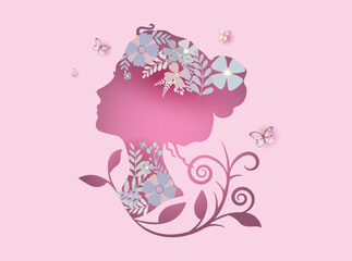 International Women's Day 8 march with frame of beautiful girl silhouette flower and leaves