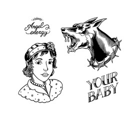 Old school Tattoo stickers set. Woman and Doberman dog logo or emblem, badge. Engraved hand drawn vintage retro sketch for notebook or logo.