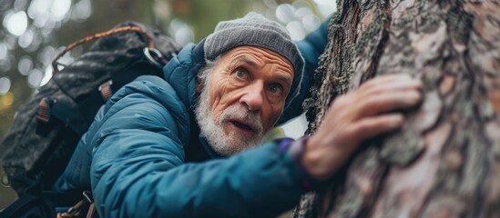 Obraz premium An adventurous senior man is seen climbing up a tree while carrying a backpack. He is focused and determined as he navigates the branches to reach the top.