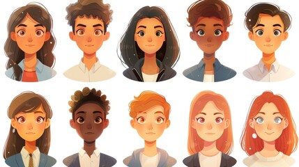 Smiling People Closeup Portrait Set Cute Cartoon Businessman Male and Female Avatars Multi-ethnic Man and Woman Faces Isolated on White Background