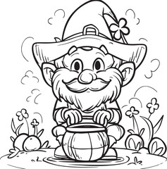  st Patrick coloring pages for kids, cute leprechaun with a pot of yolks, low details, clear lines