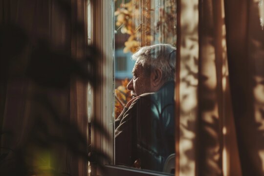 A solitary figure gazes out the window, their face obscured by the glass as they stand in their mundane indoor attire, yearning for a glimpse of the outside world