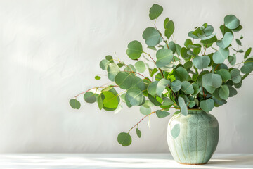 Green eucalyptus leaves in vase on white table. Front view. Place for text.