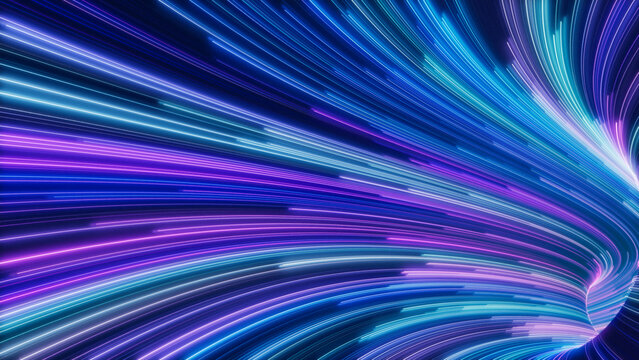 Lilac, Turquoise and Blue Colored Curves form Abstract Swoosh Tunnel. 3D Render.
