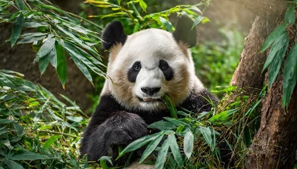 Foto op Canvas Huge panda bear eating green leaves in jungle © Kaspars