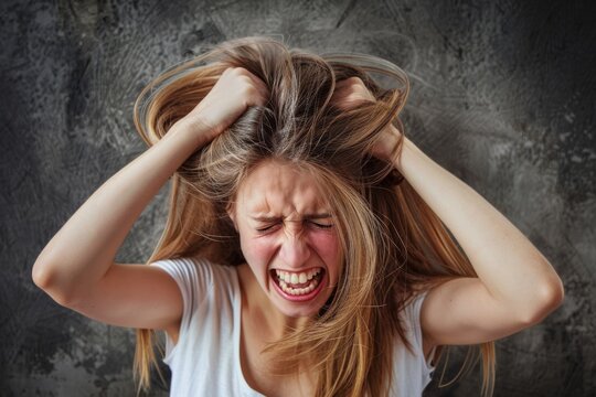 A distressed woman in a stylish outfit with long brown hair and a pained smile, pulls at her hair in frustration as she struggles with inner turmoil