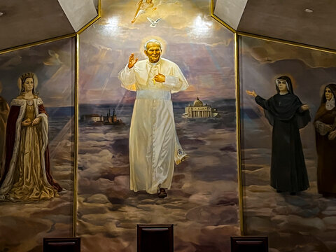 Krakow, Poland, November 4, 2023: St. John Paul II Center, Church of Relics, it is the heart of the Lower Church with the blood relic of the Holy Father in the altar. 