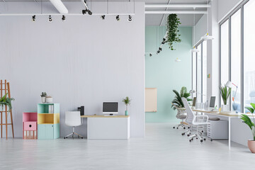Sleek modern workspace with ample lighting, verdant touches, minimalist design aesthetic, and clean, organized desk setup. Office background, blurred background. 