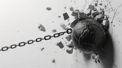 A three-dimensional rendering showing a black wrecking ball swinging and colliding into a wall against a white background. Symbolizing loss, destruction, and the process of demolition - obrazy, fototapety, plakaty