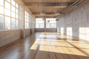 Spacious modern loft with sunlight casting shadows on the wooden floor, urban life concept. Office background