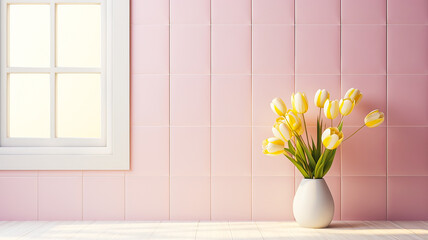 Soft pastel tiles, white vase, lively yellow and pastel roses, sunlit decor.