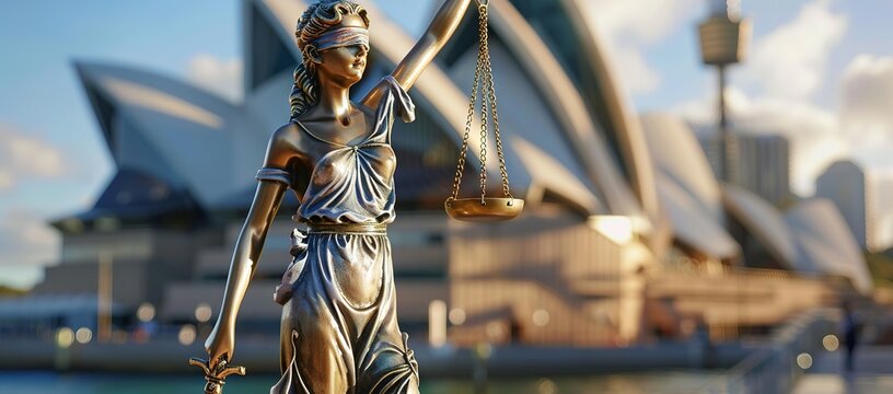 statue of Lady Justice holding scales and a sword stands in front of the Sydney Opera House