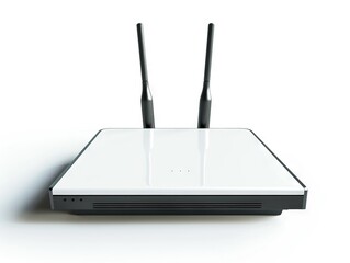 wireless router with two antennas on top, sitting on a white surface, combines sleek design with powerful connectivity