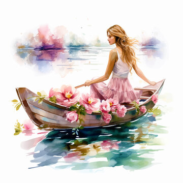 Painting of a girl in a boat with flowers 
