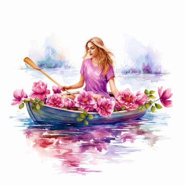 Painting of a girl in a boat with flowers