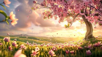 Flowering tree against natural background, spring blossoms, spring scene - obrazy, fototapety, plakaty