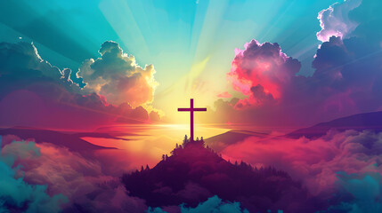 Jesus cross symbol on colorful clouds background. Generative AI colorful clouds background with Christian cross in the middle. Christian religion Cross on spiritual background. - obrazy, fototapety, plakaty