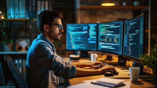 A software developer works on code late into the night, illuminated by the glow of multiple computer screens in a modern office. AIG41