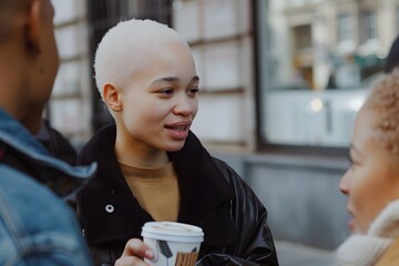 close-up of a group of black people among whom there is a young black albino woman having a nice conversation on the street of a big city, the concept of diversity of people - obrazy, fototapety, plakaty