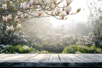 An empty wooden table with a blooming magnolia tree in the background