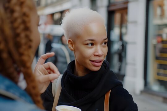 a young black albino woman with a cup of coffee in her hands is having a nice conversation with another black woman on a big city street, the concept of diversity of people