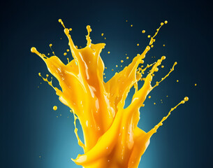 Mango liquid creamy splash with fruit and cool tone background.