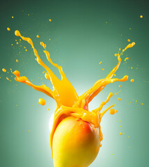 Mango liquid creamy splash with fruit and cool tone background.