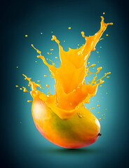 Mango liquid creamy splash with fruit and cool tone background.
