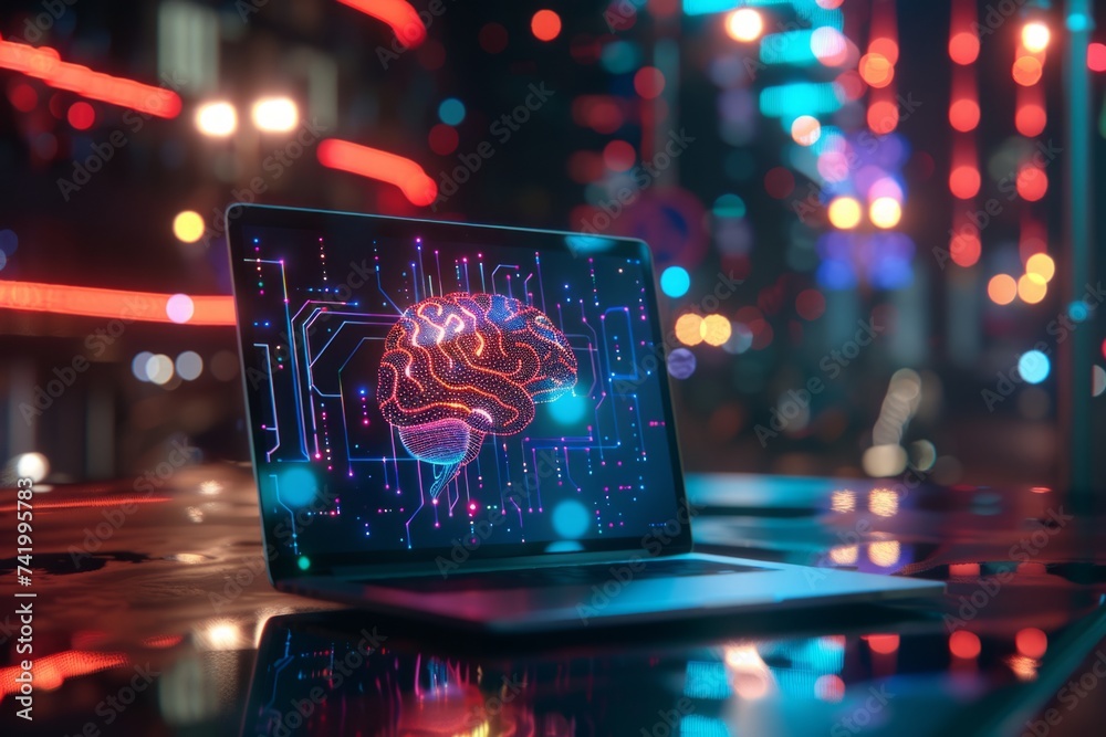 Poster a laptop computer that has a brain circuit image generative ai