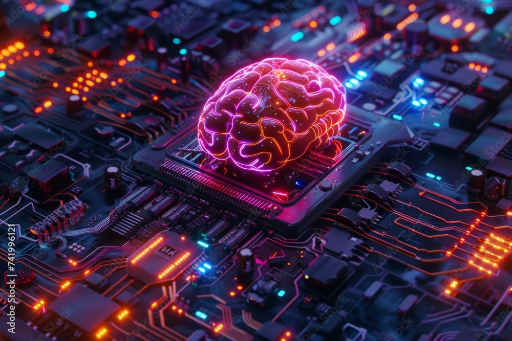 Poster a computer circuit with a neon brain on top of it generative ai
