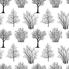 Winter trees and bushes. Seamless pattern. Hand drawn line art. Nature background. - 741996540