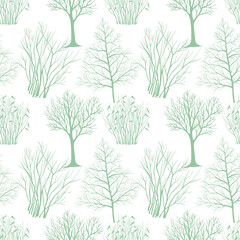 Winter trees and bushes. Seamless pattern. Hand drawn line art. Nature background. - 741996551