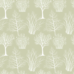 Winter trees and bushes. Seamless pattern. Hand drawn line art. Nature background. - 741996564