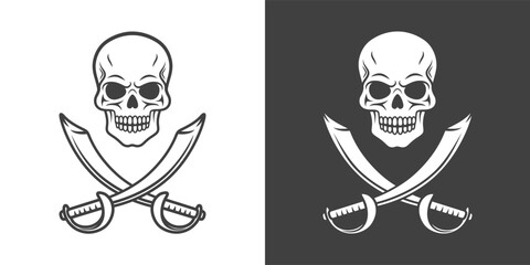 Vector Black and White Skull and Crosshairs Sabers Icon Set Closeup Isolated. Skulls Collection with Outline, Cut Out Style in Front View. Hand Drawn Skull Head Design Template