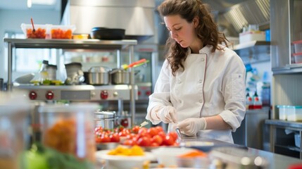 Food Science Lab: Culinary student conducting experiments, testing recipes, and analyzing food in a lab, focusing on food chemistry, microbiology, and nutrition.