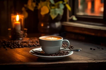 Zelfklevend Fotobehang A cup of aromatic coffee in coffeeshop © Radmila Merkulova