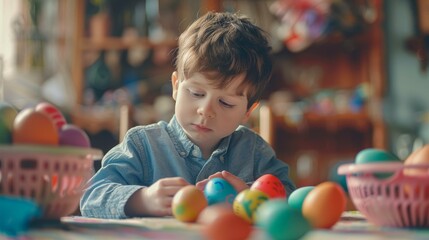 Fototapeta premium Mother and son crafting and decorating for Easter