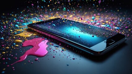 A cellphone lies on its side on a surface with pink liquid spilled next to it and colorful powder sprinkled around.