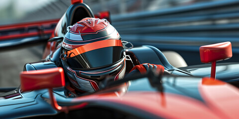 3D realistic render of Racer in a helmet driving