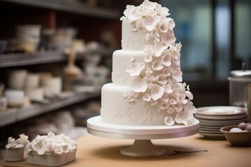 Obraz na płótnie Canvas A bakery display with an elaborate wedding cake