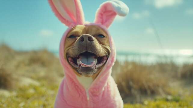 Closeup portrait of a dog wearing a bunny costume. Sunny day background, meadow field. For easter, National Pet Day. Spring celebration concept. Light-colored background with flowers. Lifestyle photo