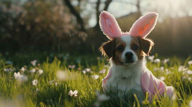 Closeup portrait of a dog wearing a bunny costume. Sunny day background, field. For easter, National Pet Day. Spring celebration concept. Light-colored background with flowers. Lifestyle photo