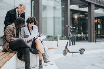Three entrepreneurs collaborate on paperwork outdoors with an electric scooter in the foreground,...
