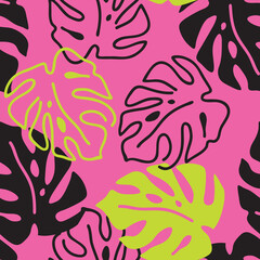 Monstera leaves decorative seamless vector pattern for textile design, fabric print, digital or wrapping paper, wallpaper, background and backdrop, decoration. Tropical summer holiday theme.