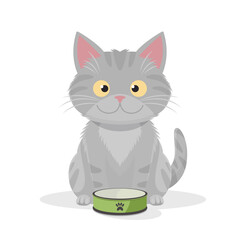 Vector Flat Gray Tabby Cat with Green Pets Bowl. Cartoon Cat Icon Isolated. Black Cute and Funny Cat in Front View