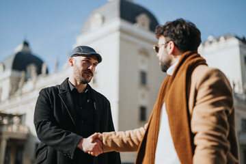 In an elegant urban backdrop, two fashion-forward men greet each other with a firm handshake under the open sky, highlighting a moment of professional or personal connection.
